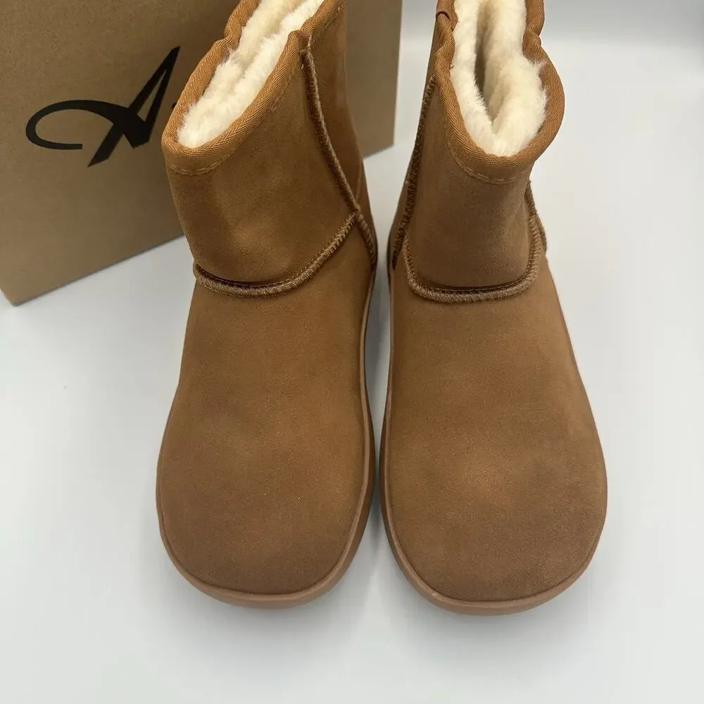 Athlefit Snow Boots Slip On Womens‎ Suede Faux Wool Fur Lining Chestnut